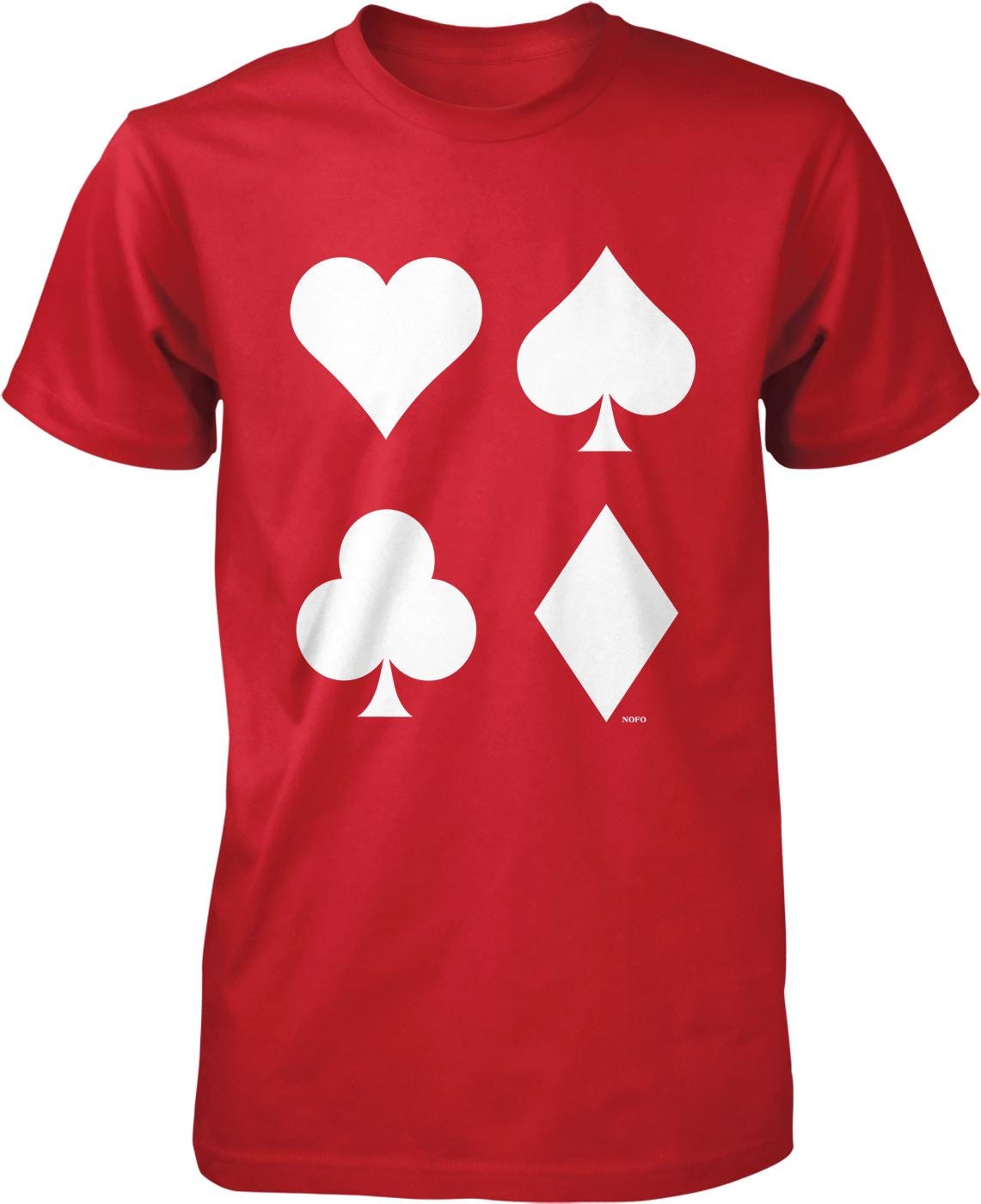 A red t-shirt with four white playing card symbols printed on it.