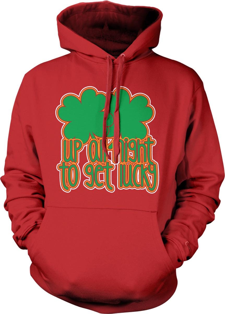 A red hoodie with a green and orange graphic design featuring the text "UP A LIGHT TO GET LUCKY" printed on it.