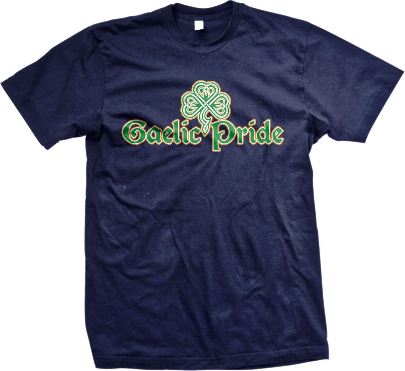 A navy blue t-shirt with the text "Gaelic Pride" printed on it, along with a four-leaf clover symbol.