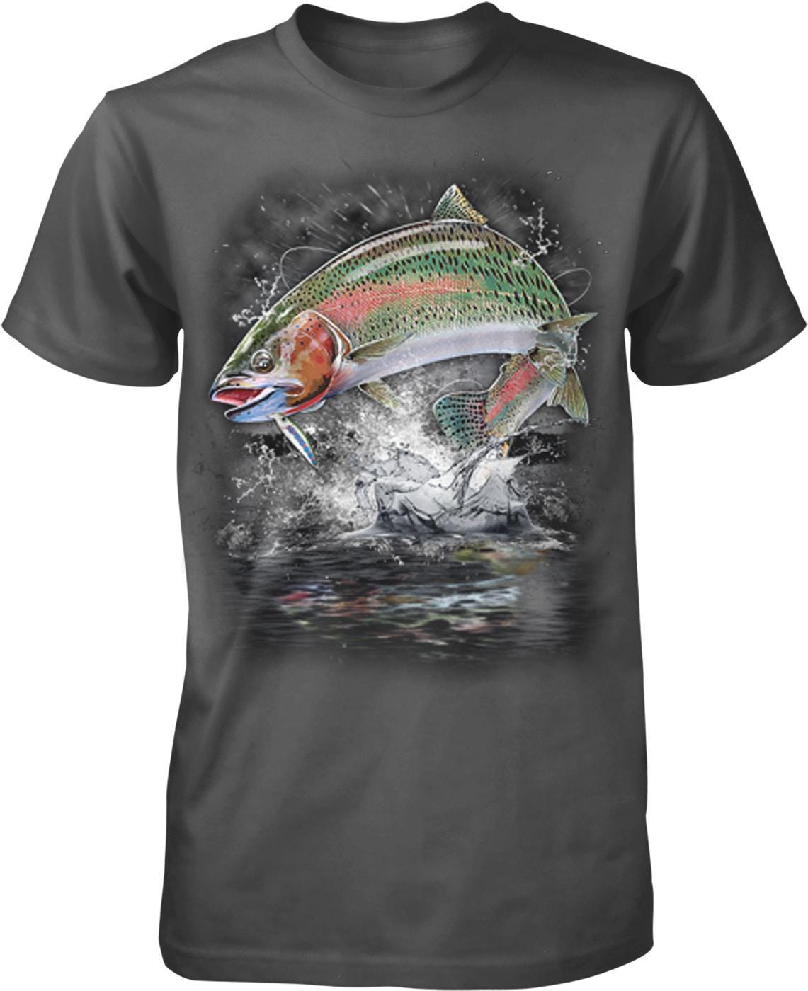A t-shirt design featuring a colorful fish jumping out of the water, surrounded by splashing water and a reflection of the fish.