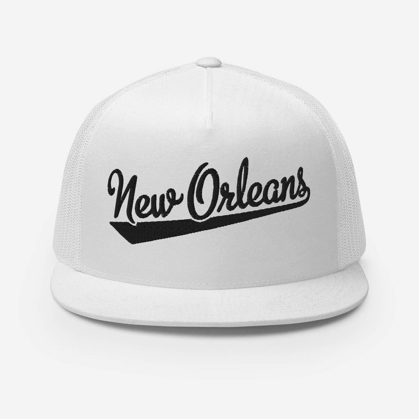 A white baseball cap with the text "New Orleans" printed on it.