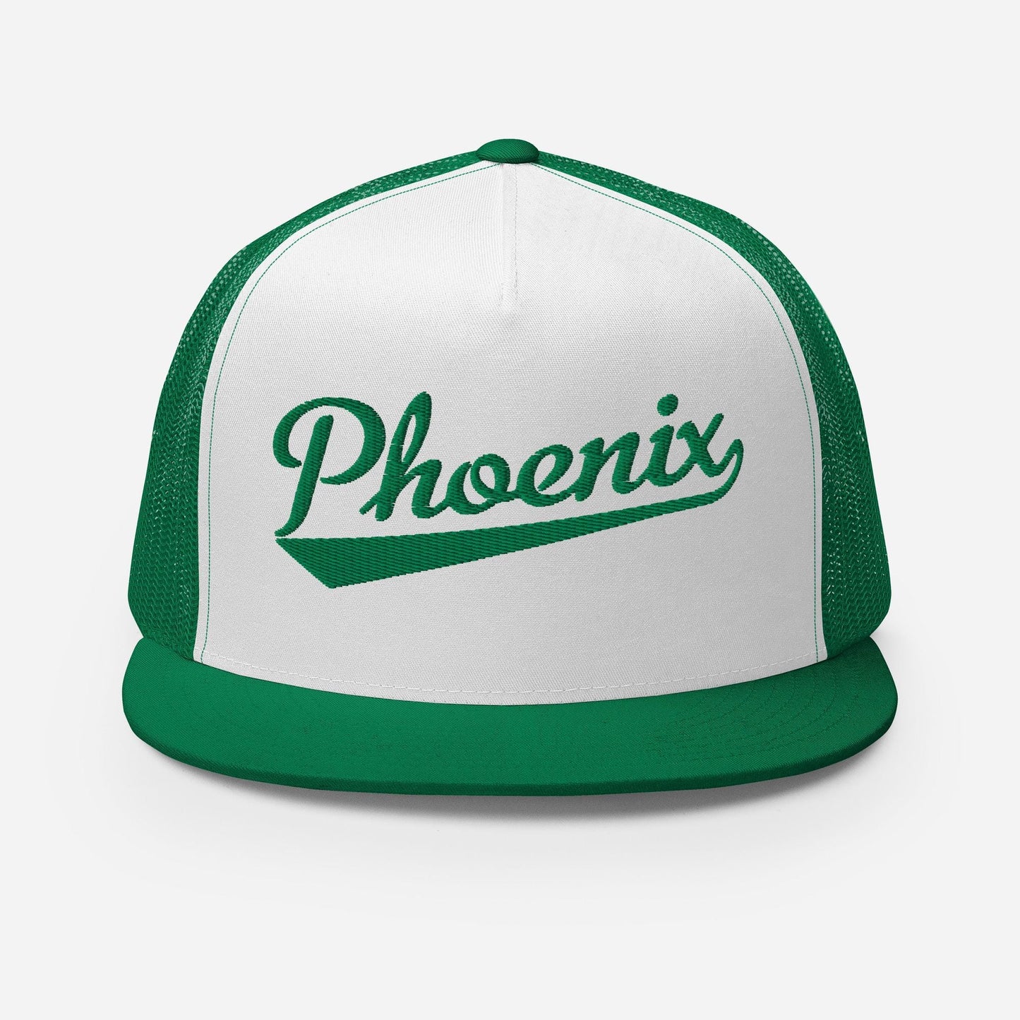 A green and white baseball cap with the word "Phoenix" printed on it.