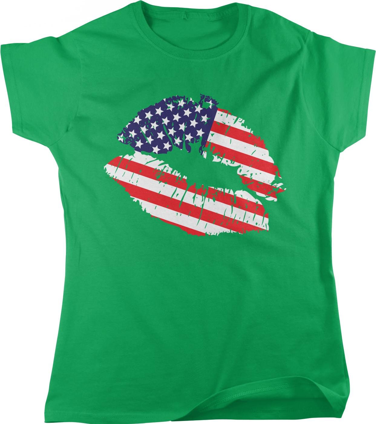 A green t-shirt with a graphic design depicting a pair of lips with the American flag pattern.