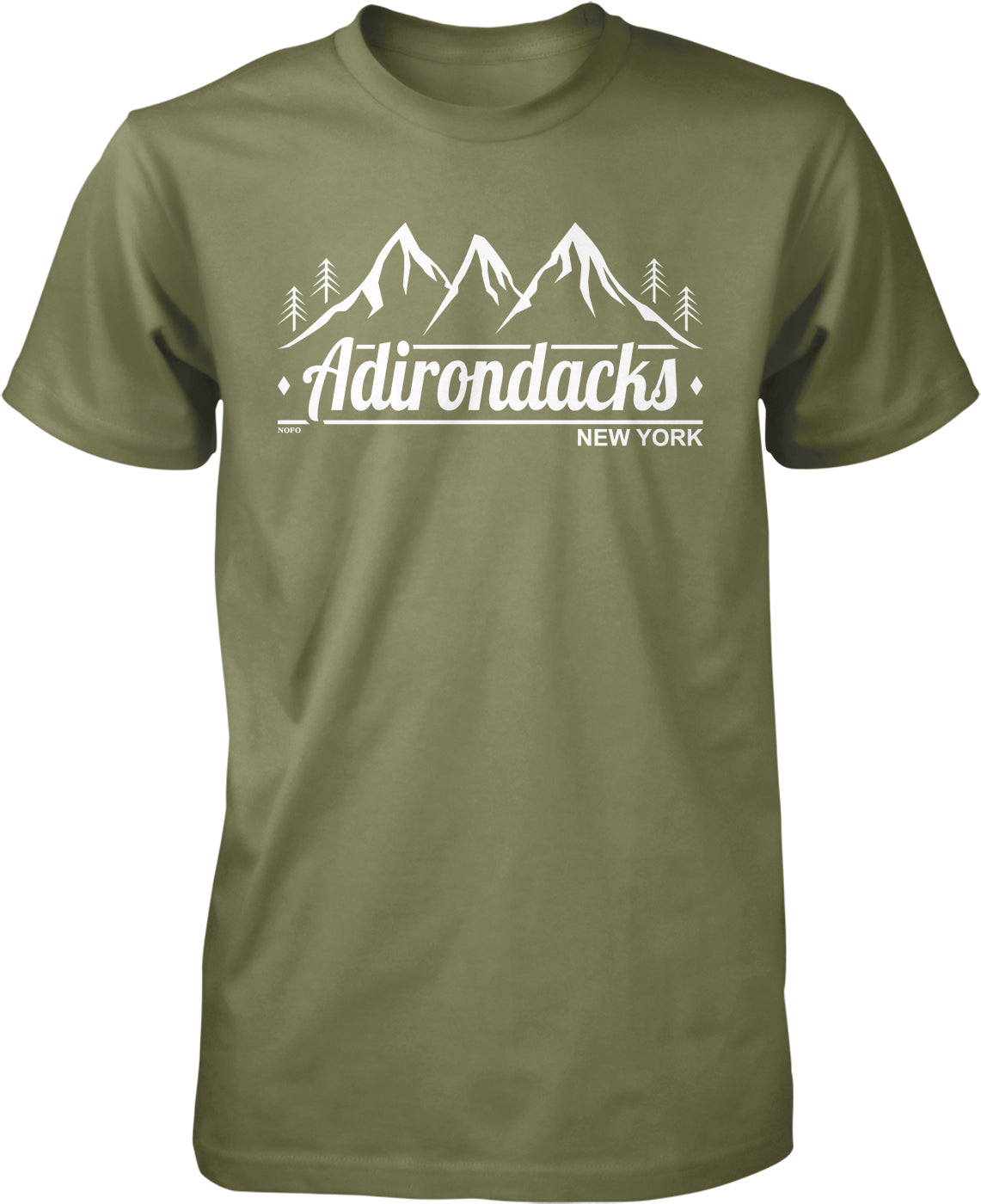 A green t-shirt with a graphic design featuring mountains and trees, along with the text "Adirondacks, NEW YORK".