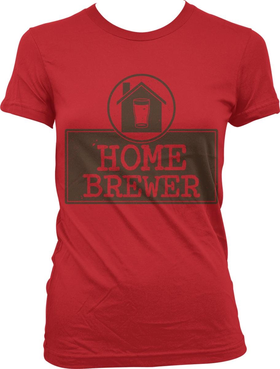 A red t-shirt with a graphic design that says "HOME BREWER" and features a house and a glass of beer.