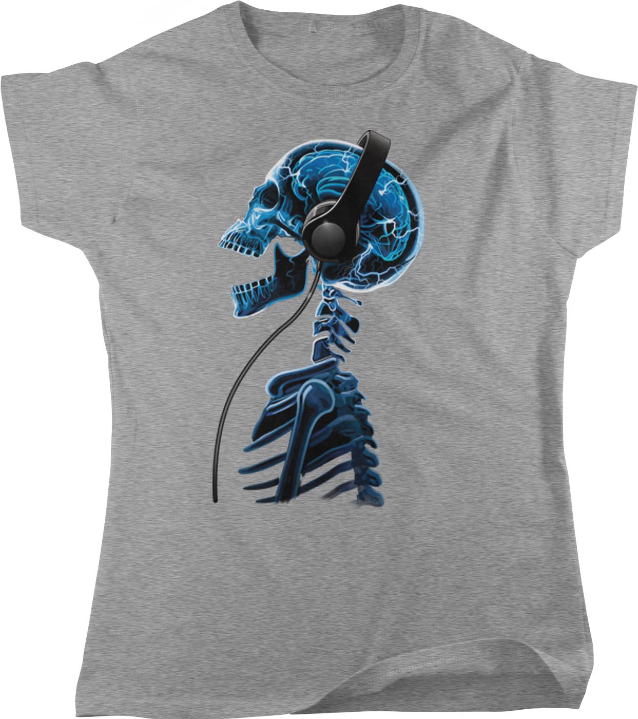 A gray t-shirt with a graphic design depicting a skull wearing headphones.