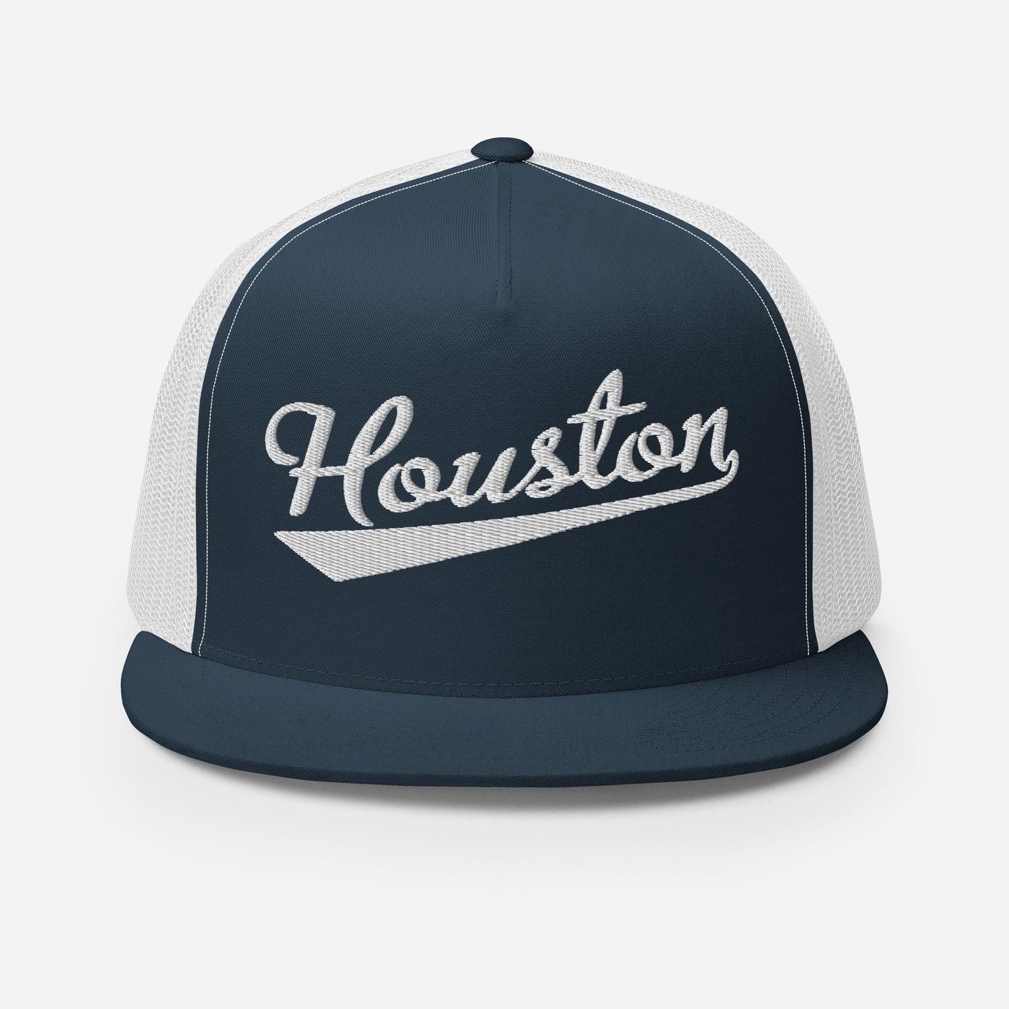 A navy blue and white baseball cap with the word "Houston" embroidered on it.