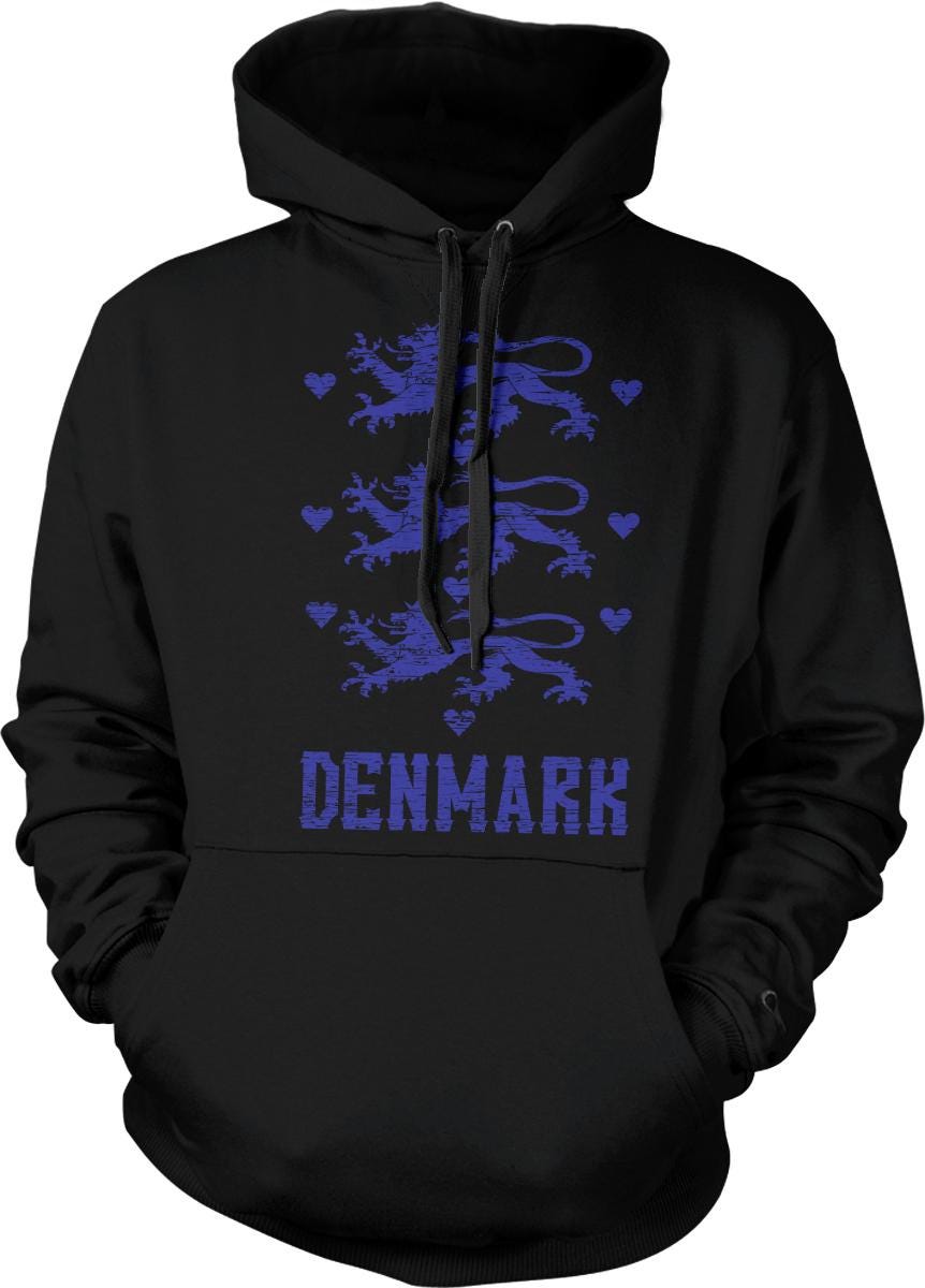 A black hoodie with a graphic design featuring a blue lion and hearts, along with the word "DENMARK" printed below.