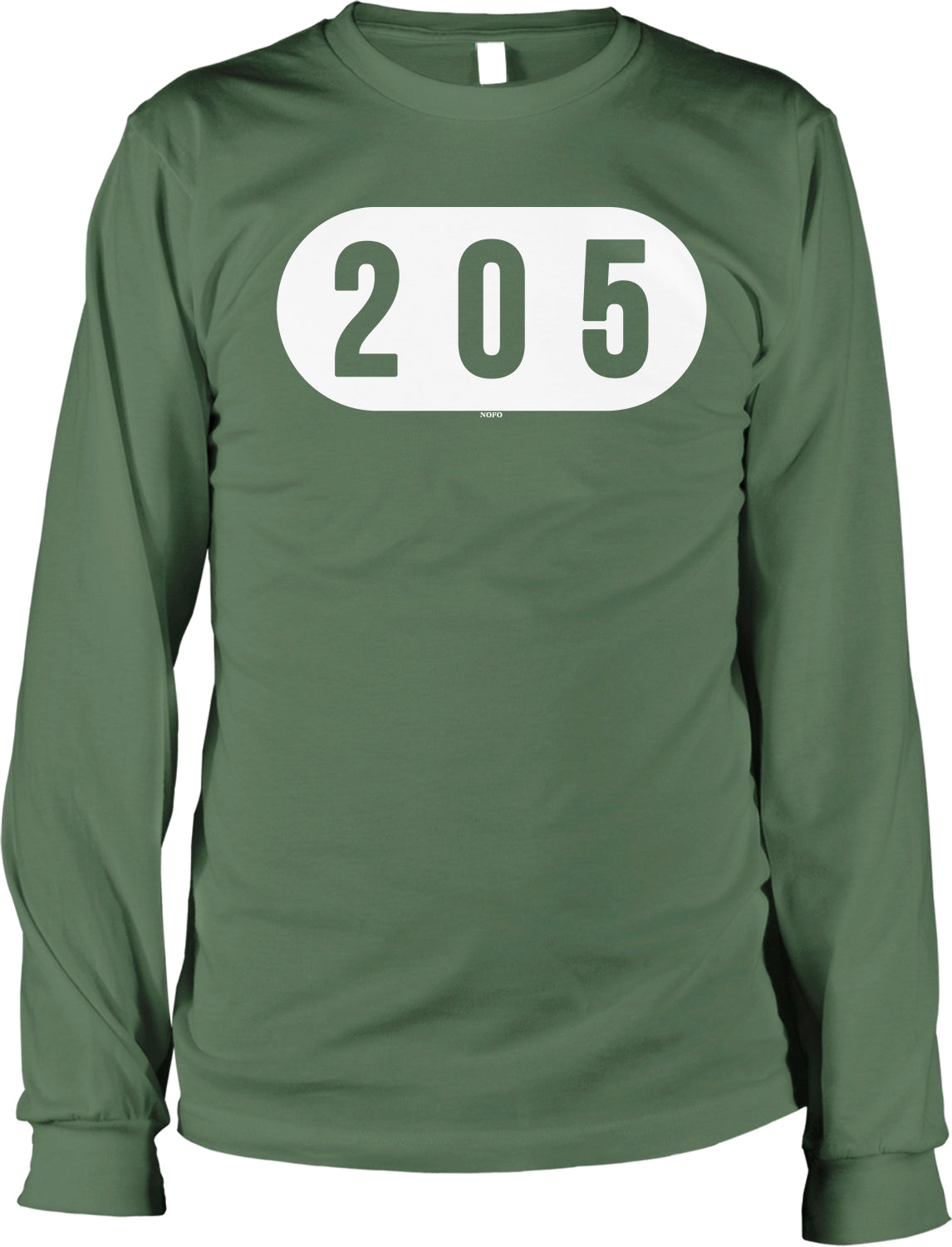 A green long-sleeved t-shirt with the number "205" printed on it.