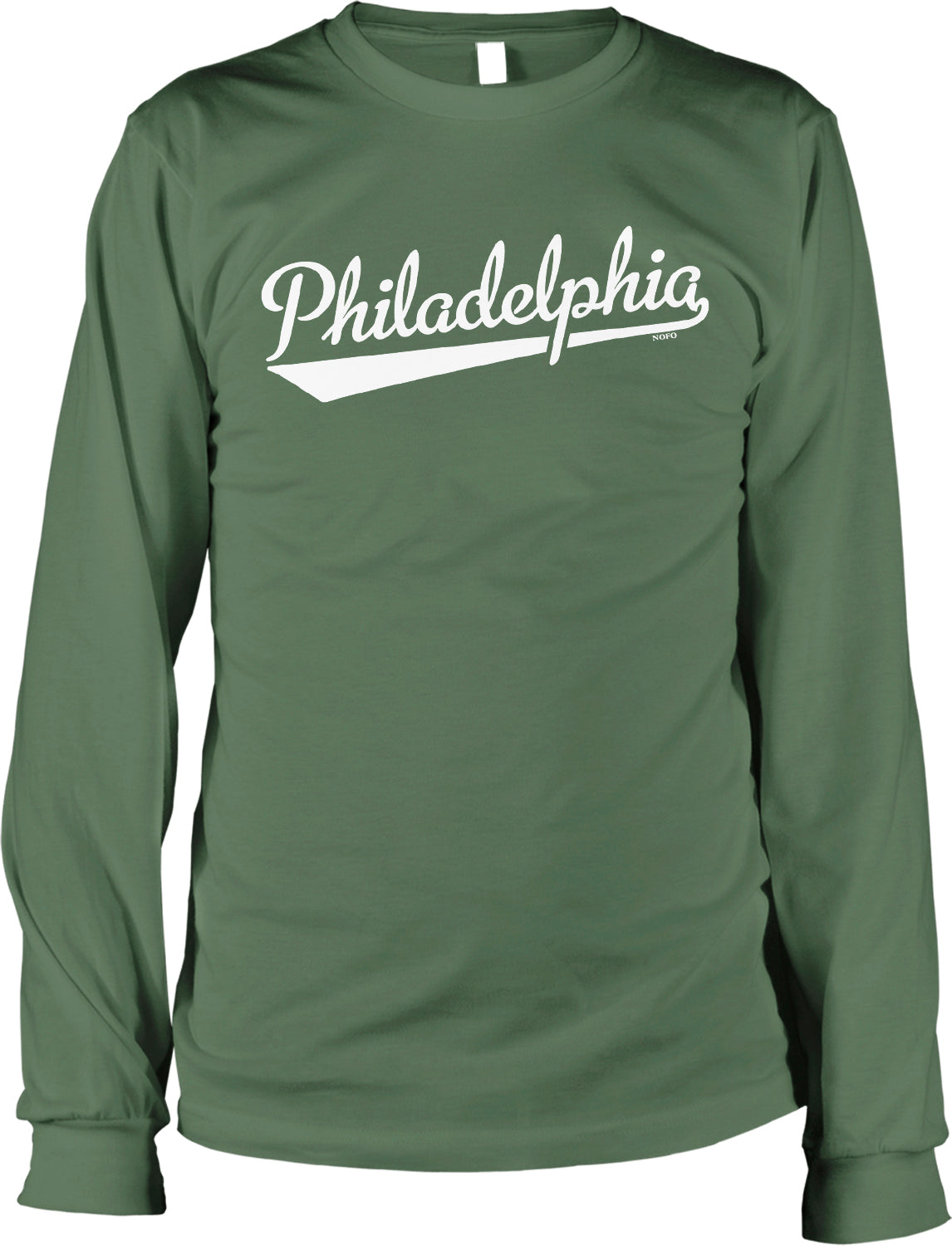 A green long-sleeved shirt with the word "PhiladELPHIA" printed in white text across the front.