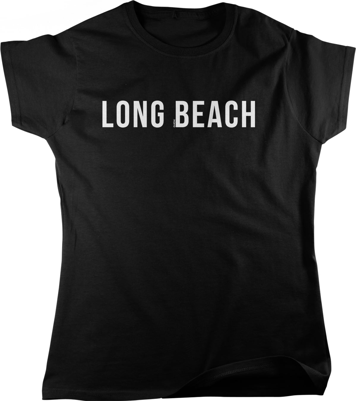 A black t-shirt with the text "LONG BEACH" printed on it in white letters.