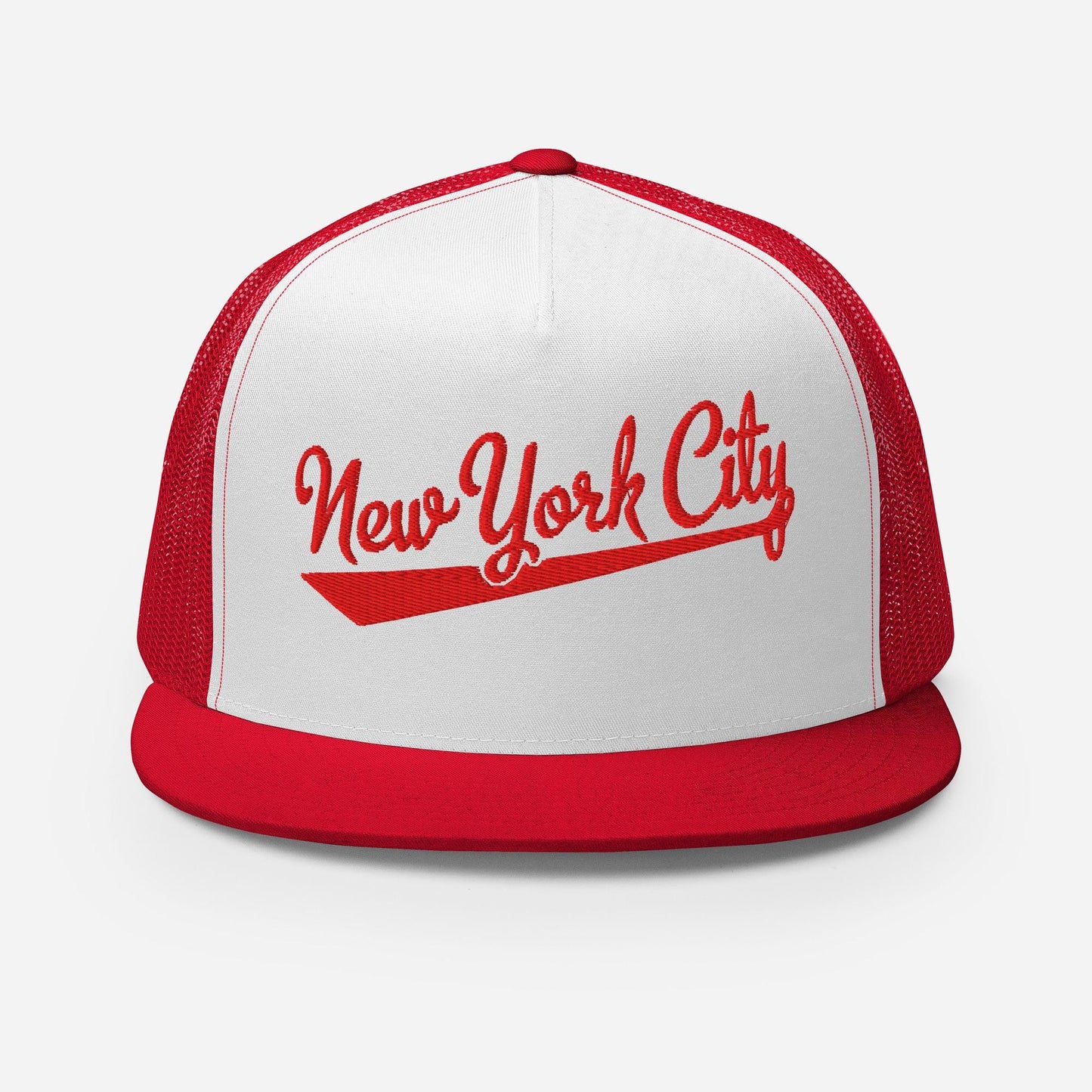 A red and white baseball cap with the text "New York City" printed on it.
