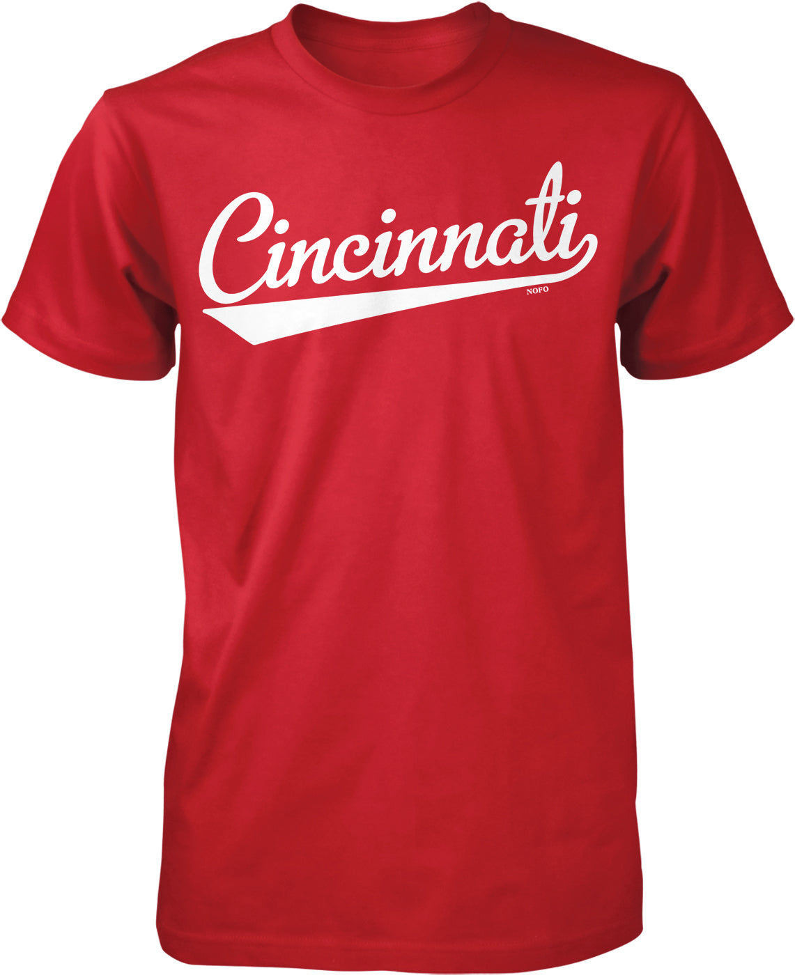A red t-shirt with the word "Cincinnati" printed in white text.
