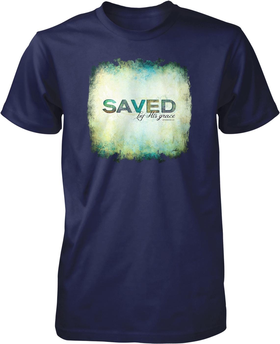 A navy blue t-shirt with a graphic design featuring the text "SAVED by His grace" in a distressed, grunge-like style.