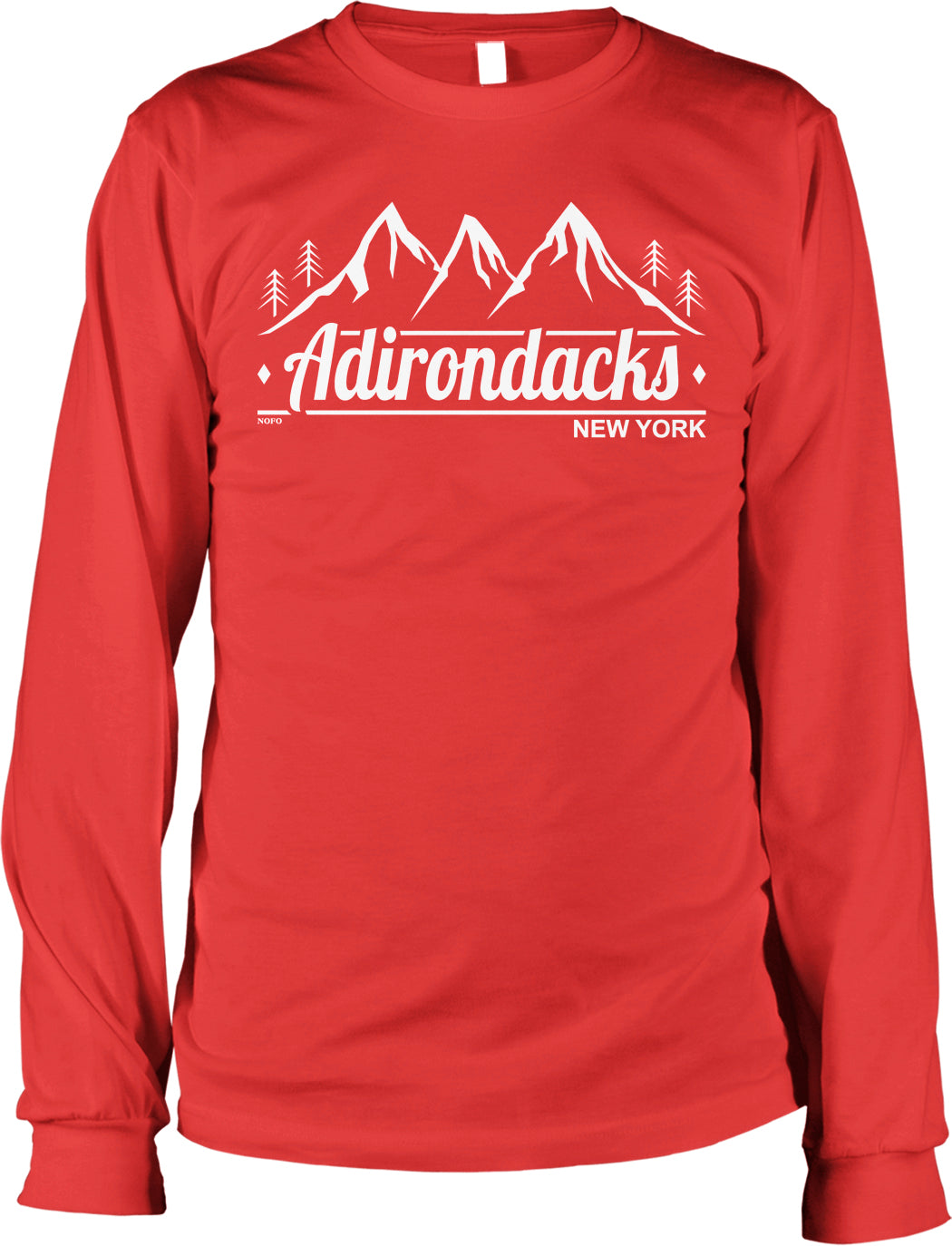 A red long-sleeved t-shirt with a graphic design featuring mountains and trees, along with the text "Adirondacks NEW YORK".