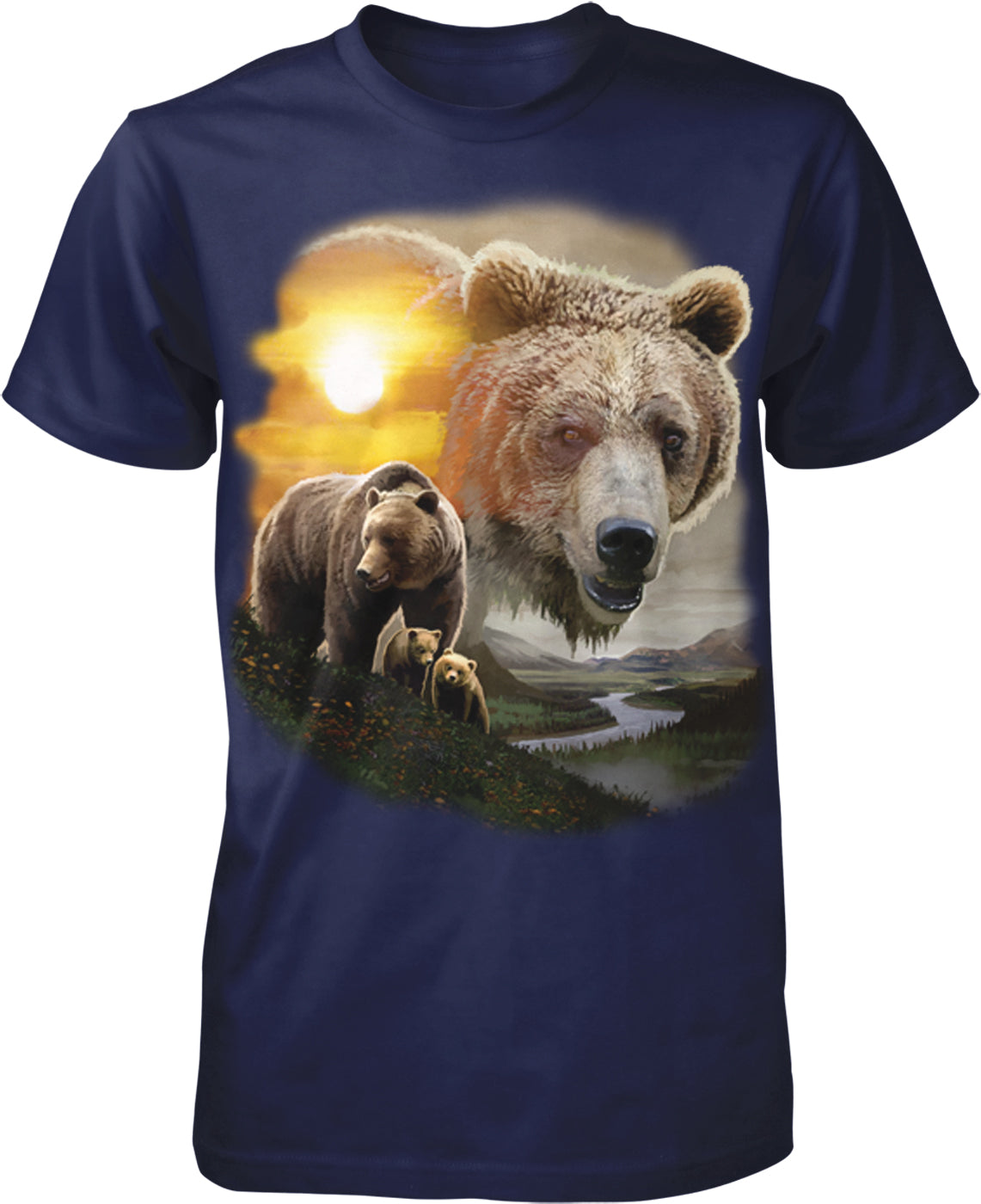 A t-shirt design featuring a large brown bear in the foreground and a smaller bear in the background, set against a scenic landscape with a river and mountains in the background.