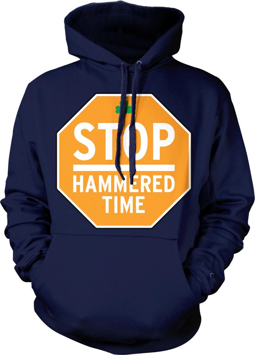 A navy blue hoodie with an orange octagonal stop sign design and the text "STOP HAMMED TIME" printed on it.