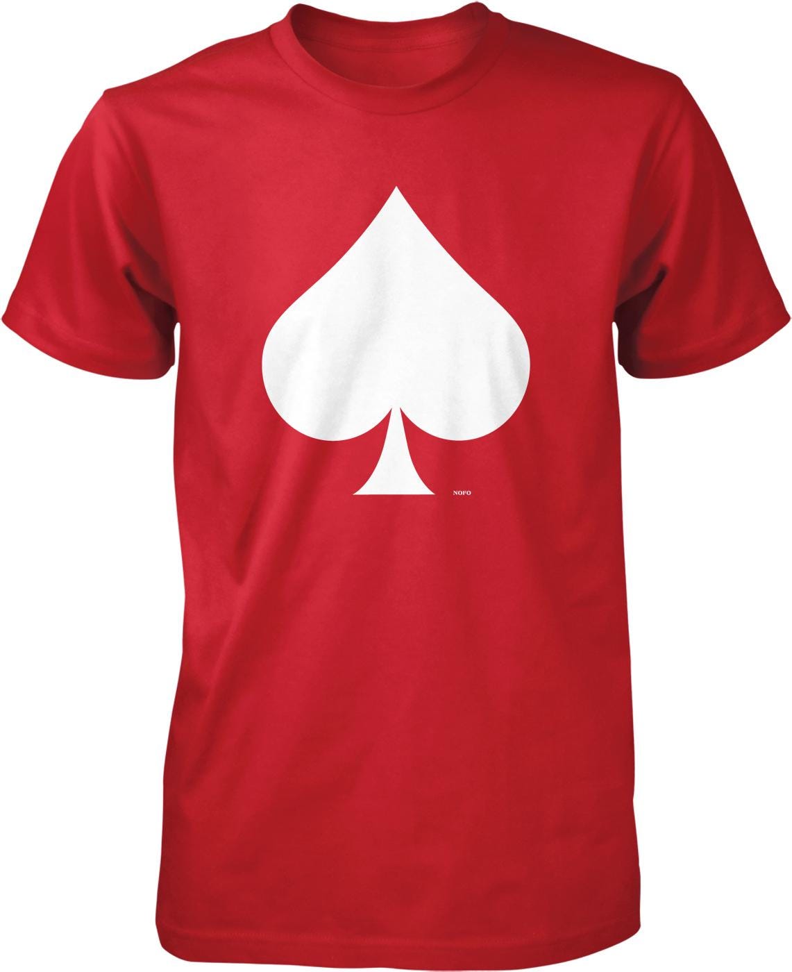 A red t-shirt with a white symbol of a spade on it.