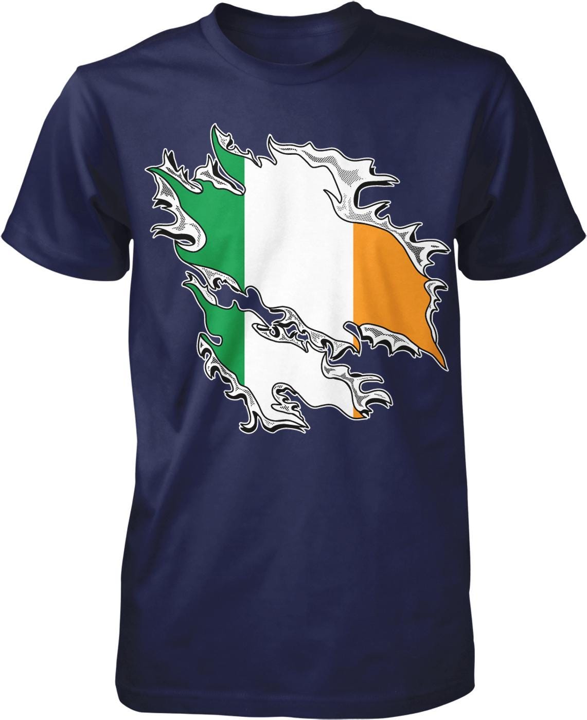 A navy blue t-shirt with a graphic design depicting the flag of Ireland, which consists of three horizontal stripes in green, white, and orange.
