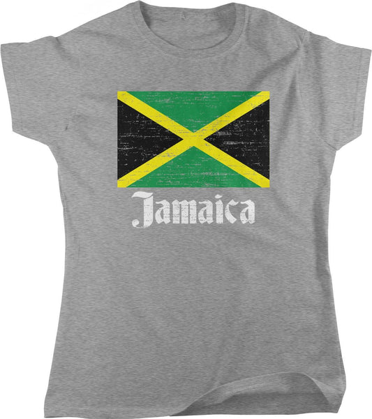 A gray t-shirt with a graphic of the Jamaican flag and the word "Jamaica" printed on it.