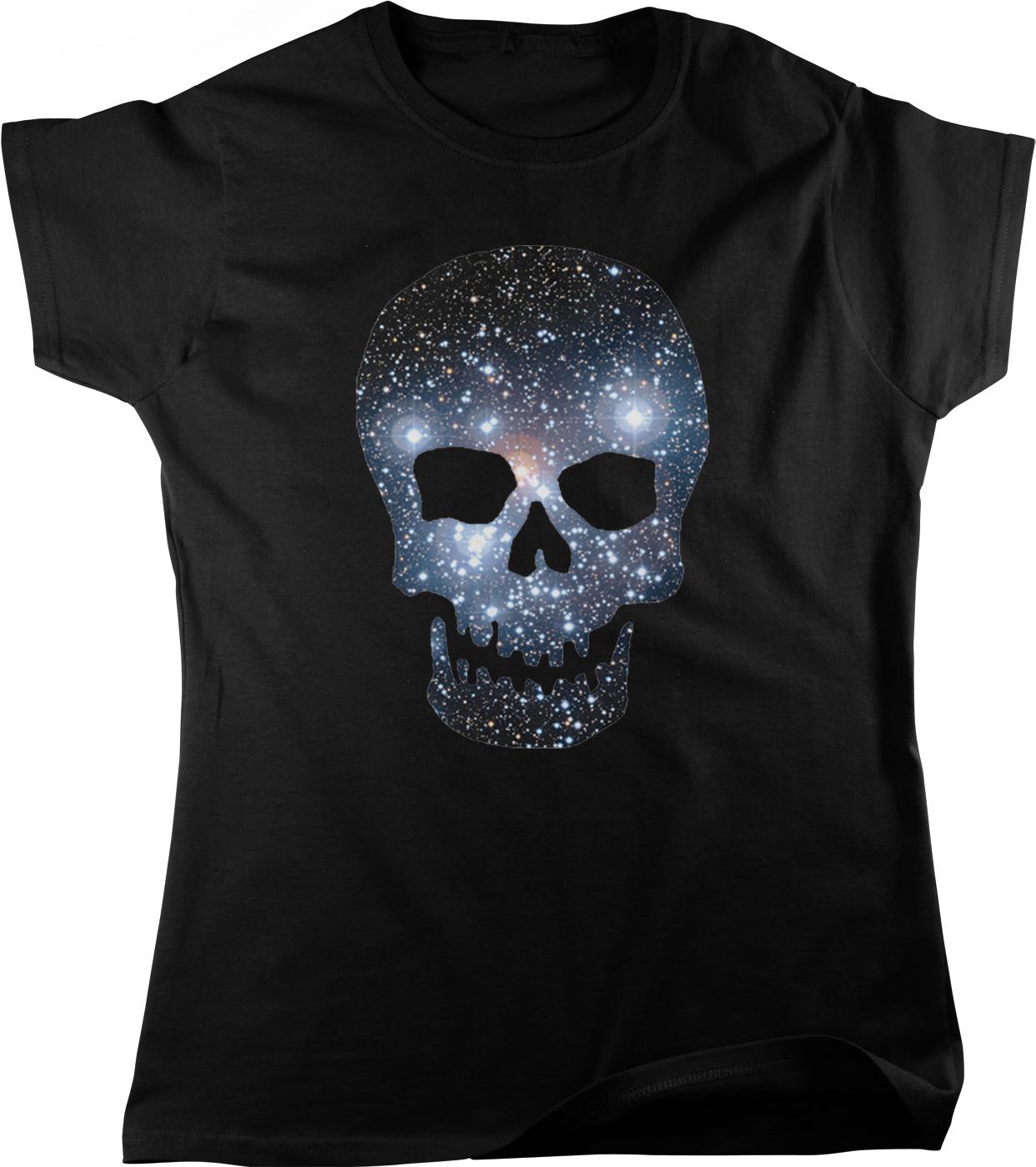 A black t-shirt with a skull design featuring a starry background.