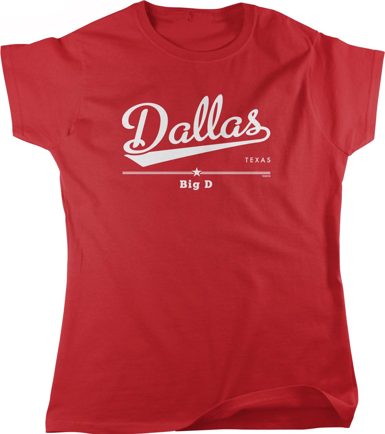 A red t-shirt with the text "Dallas, TX" printed on it.