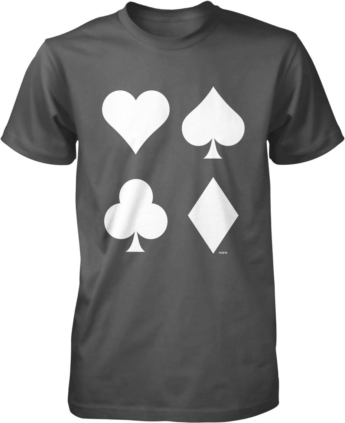 A black t-shirt with four white playing card symbols printed on it.