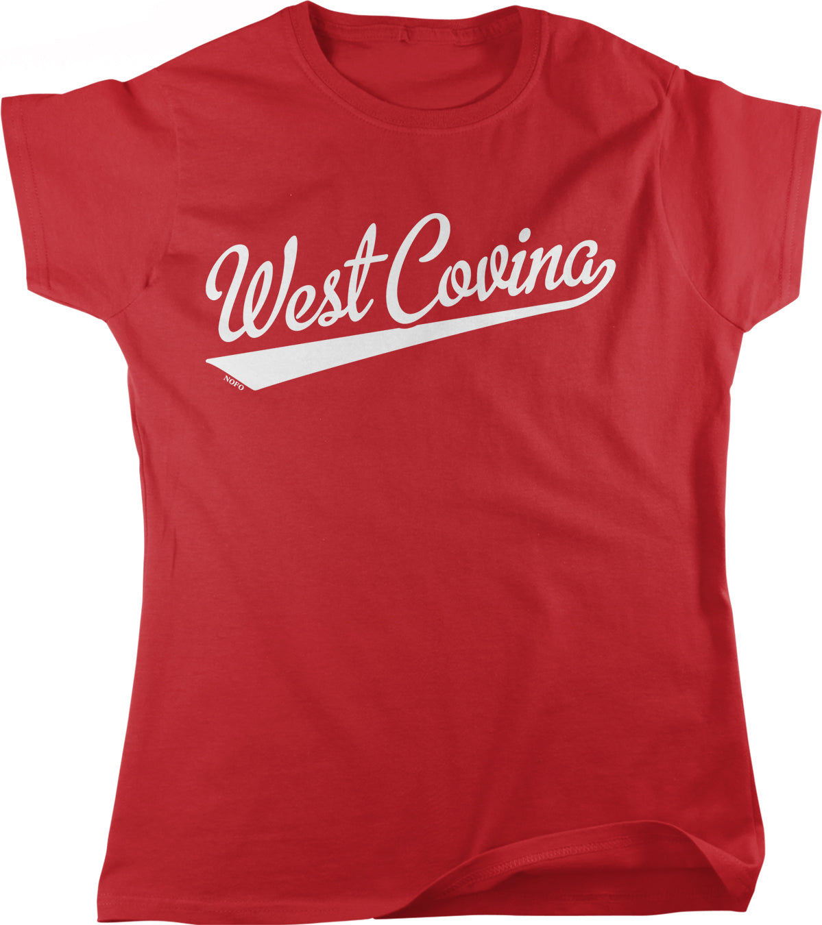 A red t-shirt with the text "West Covina" printed on it in white lettering.