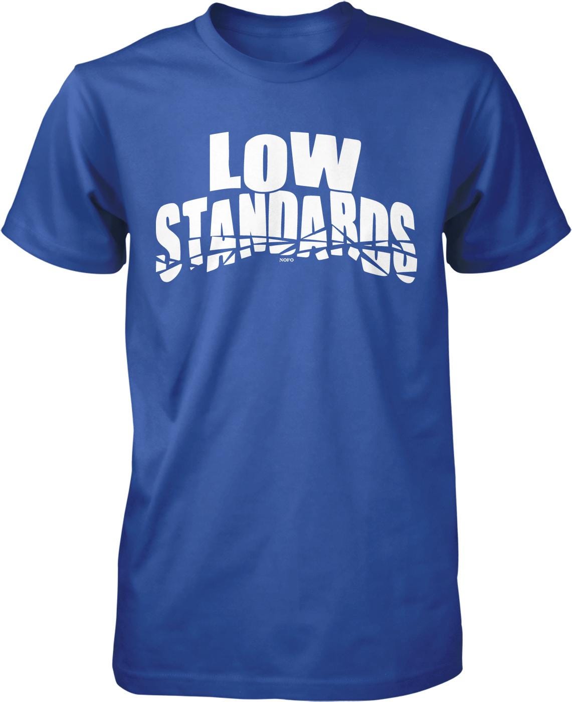 A blue t-shirt with the text "LOW STANDARDS" printed on it in white letters.