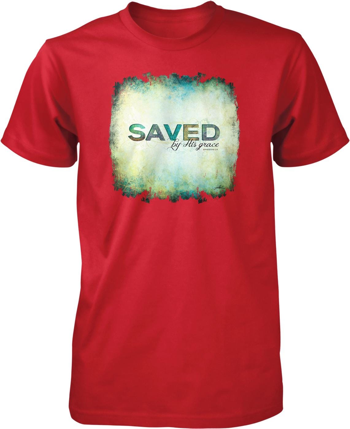 A red t-shirt with a graphic design featuring the text "SAVED by His grace" in a stylized font.
