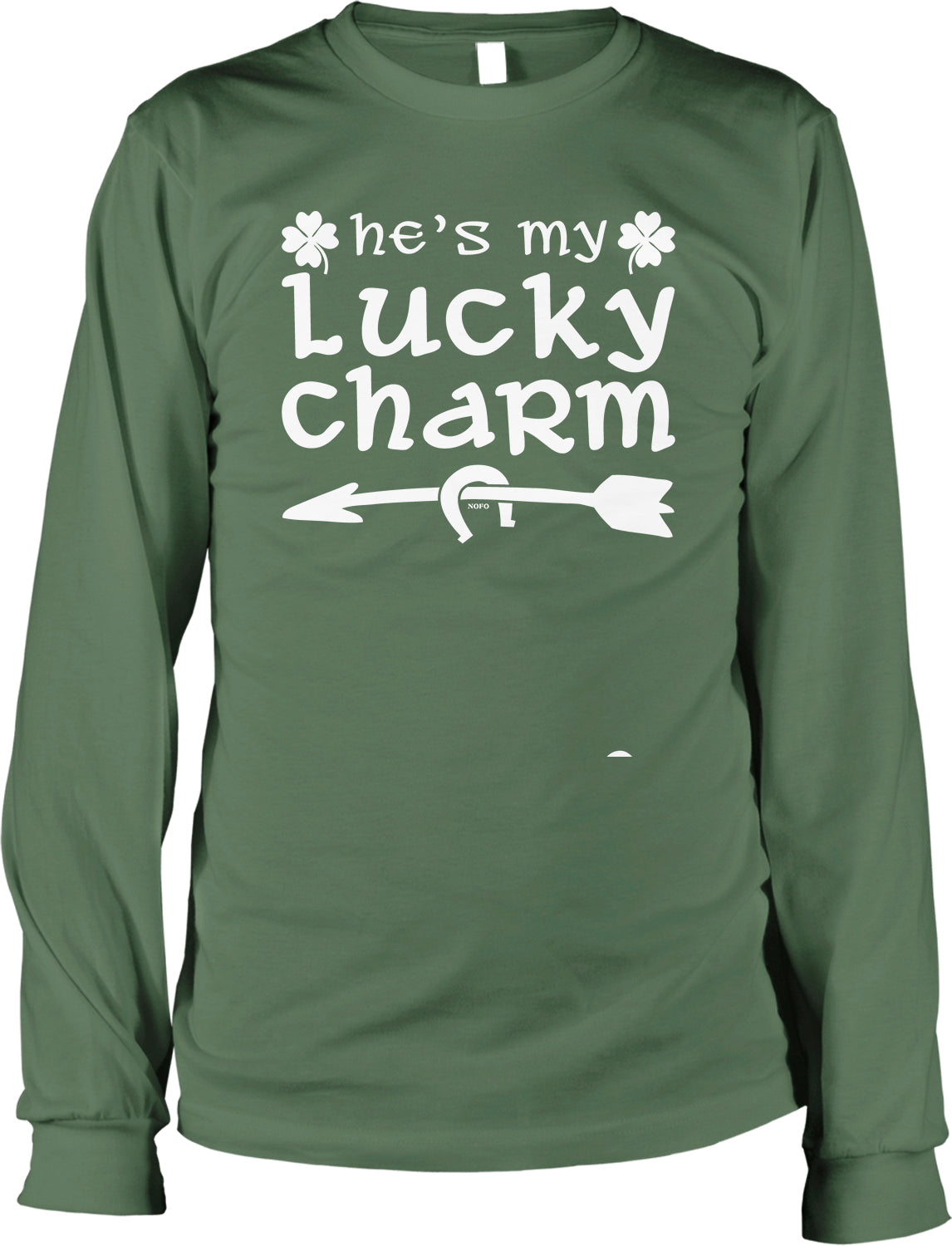 A green long-sleeved t-shirt with white text and an arrow graphic printed on it.
