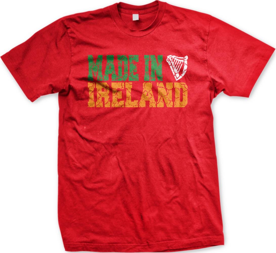 A red t-shirt with the text "MADE IN IRELAND" printed on it.