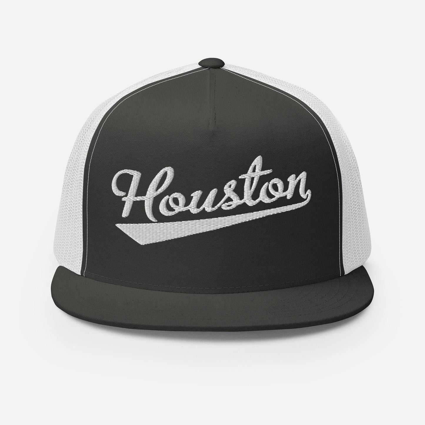 A black and white baseball cap with the word "Houston" embroidered on it.