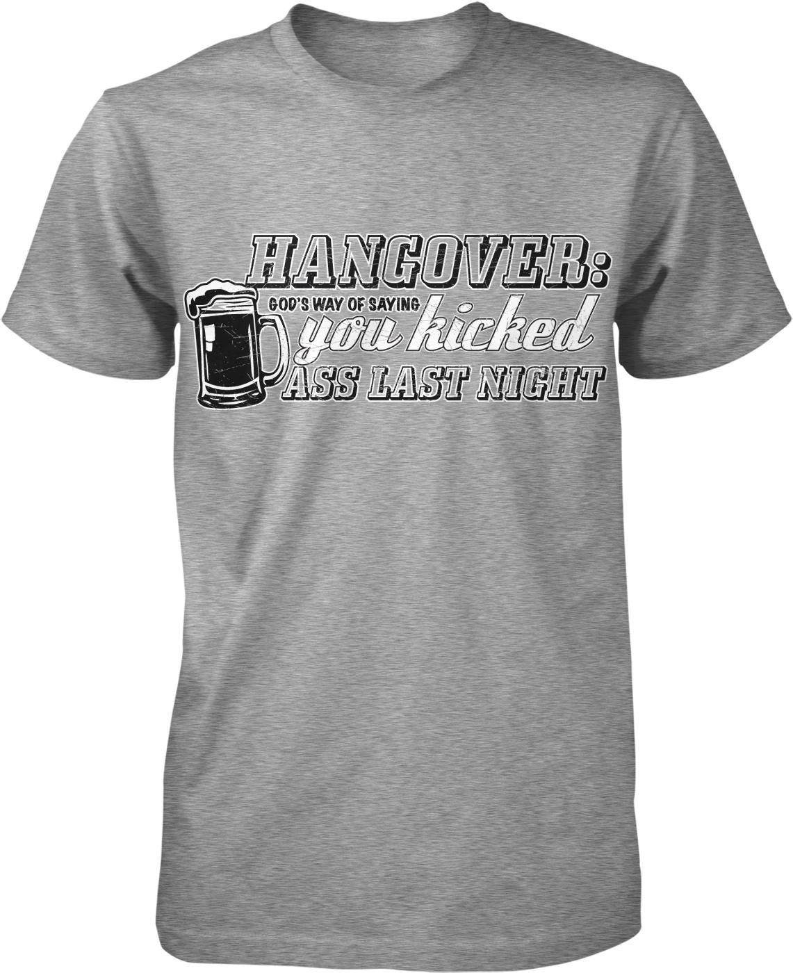 A gray t-shirt with a humorous text and graphic design.