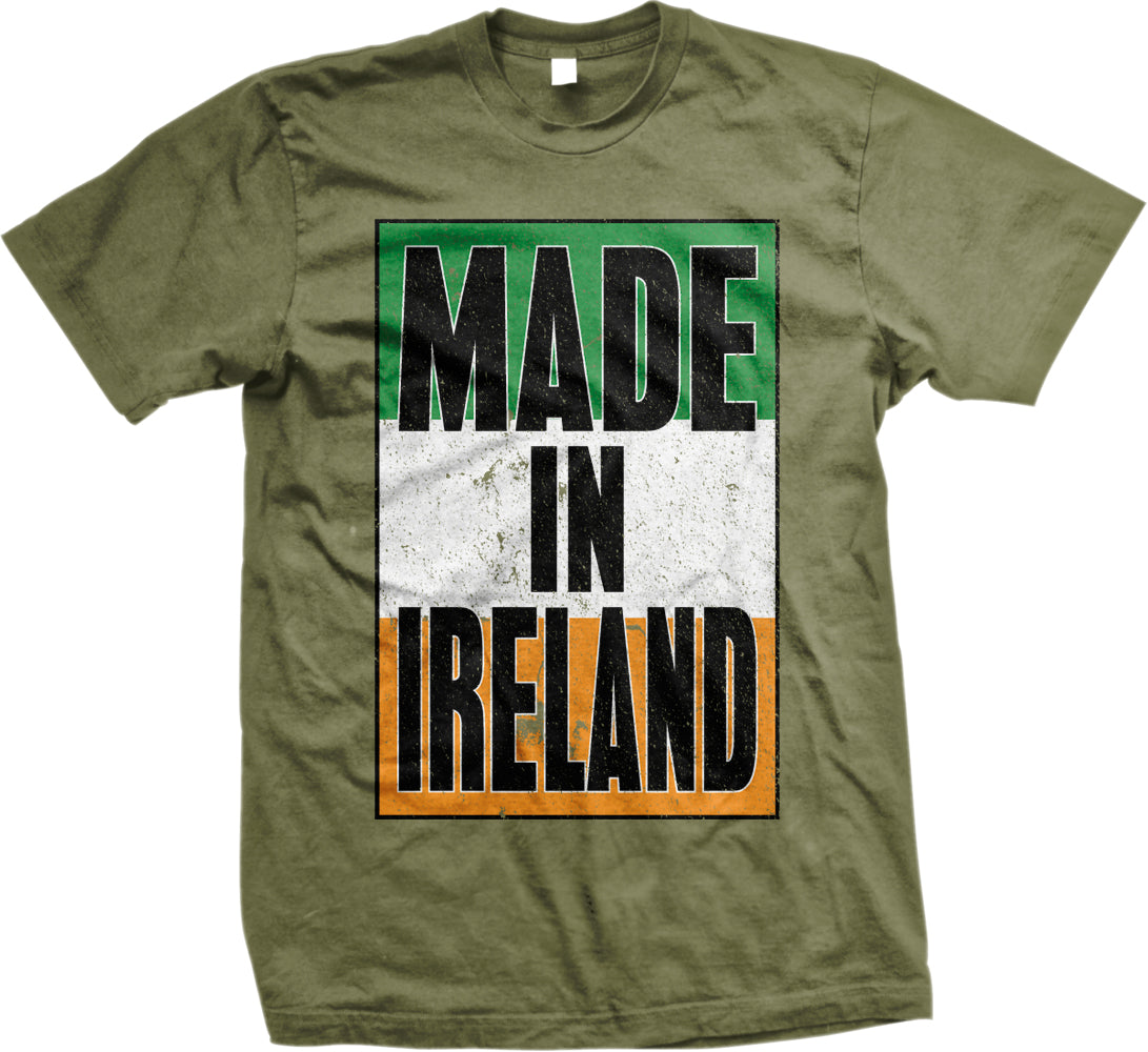 A green t-shirt with the text "MADE IN IRELAND" printed on it.