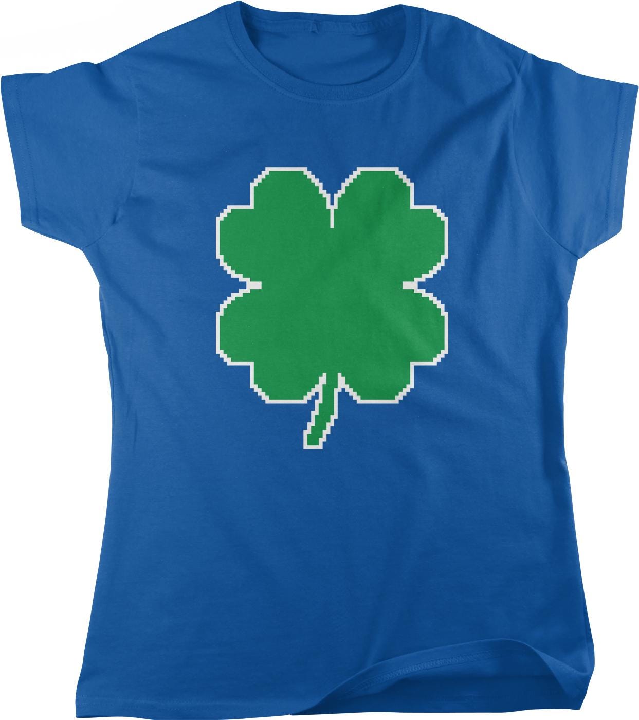 A blue t-shirt with a green four-leaf clover graphic printed on it.