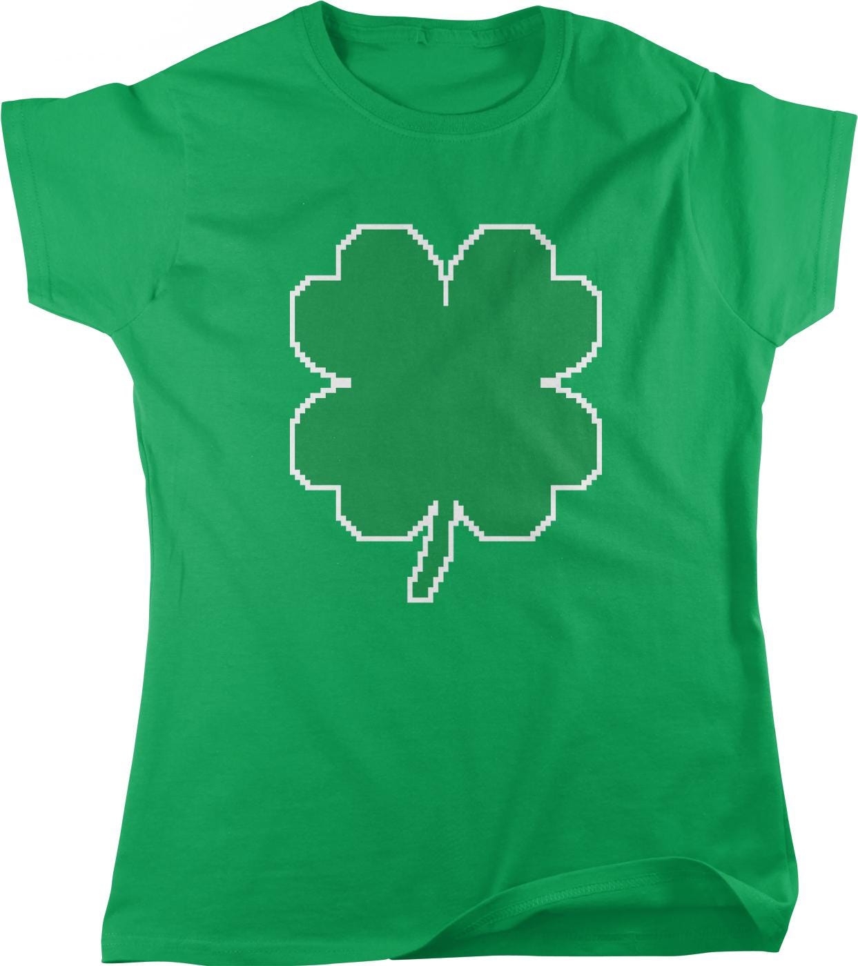 A green t-shirt with a white four-leaf clover graphic printed on it.