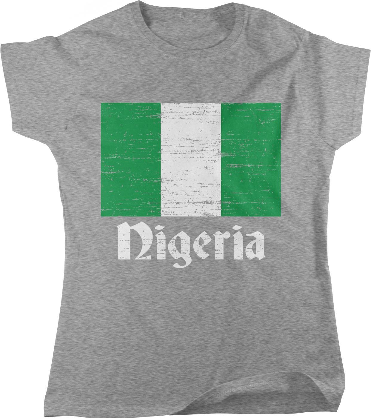 A gray t-shirt with the text &quot;Nigeria&quot; printed on it, along with the flag of Nigeria.