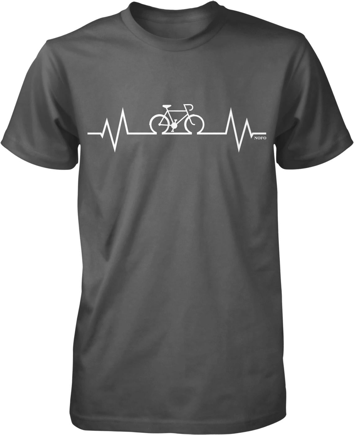 A gray t-shirt with a white graphic design depicting a bicycle and a line graph or ECG-like line representing a person's heart rate.