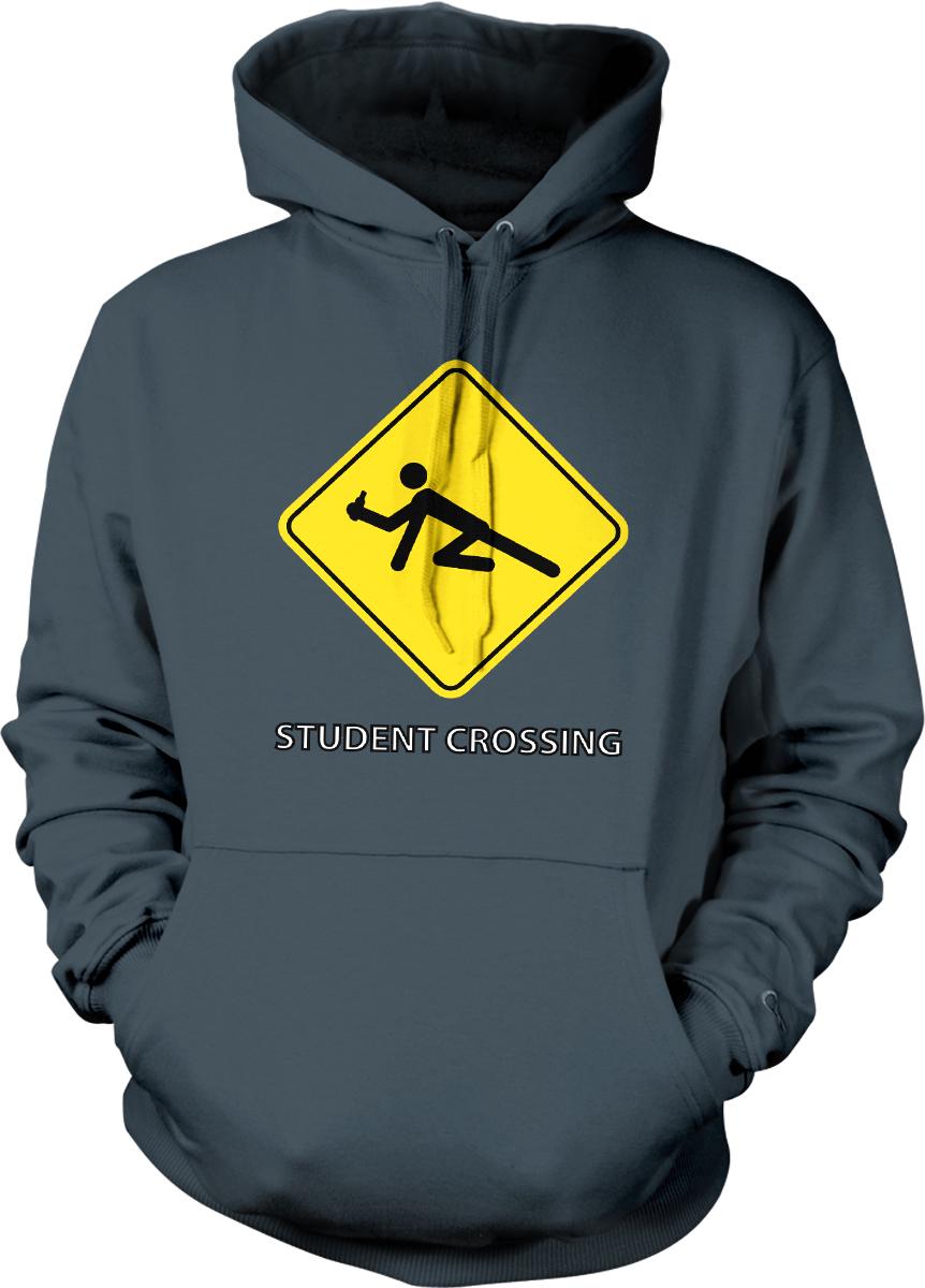 A gray hoodie with a yellow diamond-shaped sign featuring a person in a crouching position and the text "STUDENT CROSSING" below it.