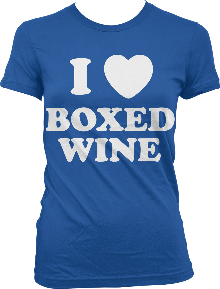 A blue t-shirt with the text "I ❤️ BOXED WINE" printed on it.