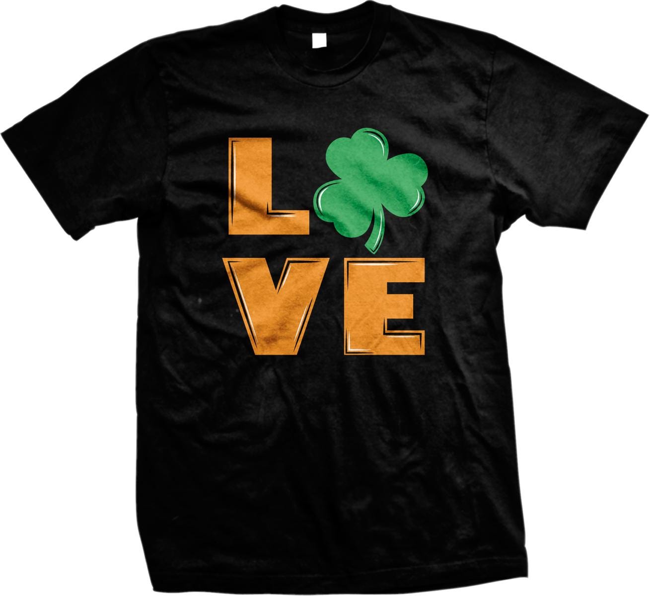 A black t-shirt with the word "LOVE" printed on it, along with a green shamrock graphic.