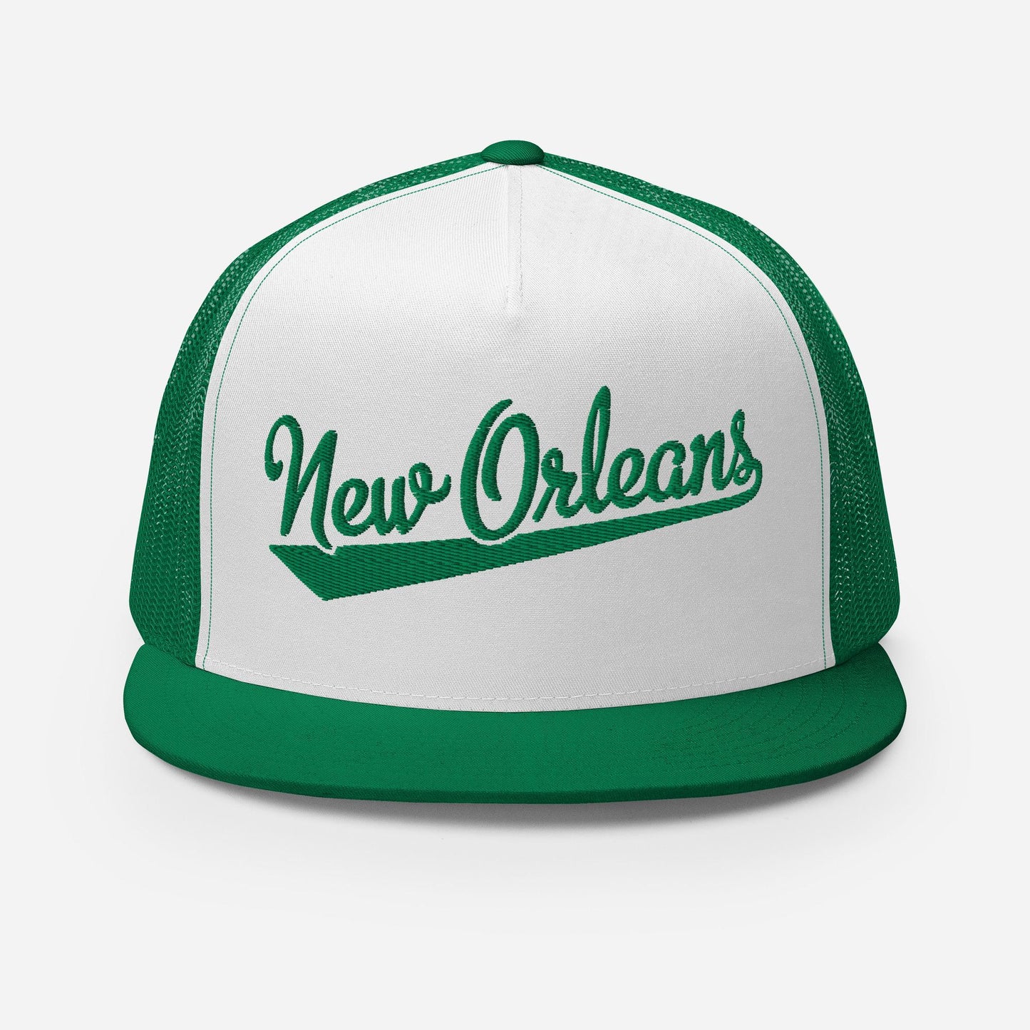 A green and white baseball cap with the text "New Orleans" printed on it.