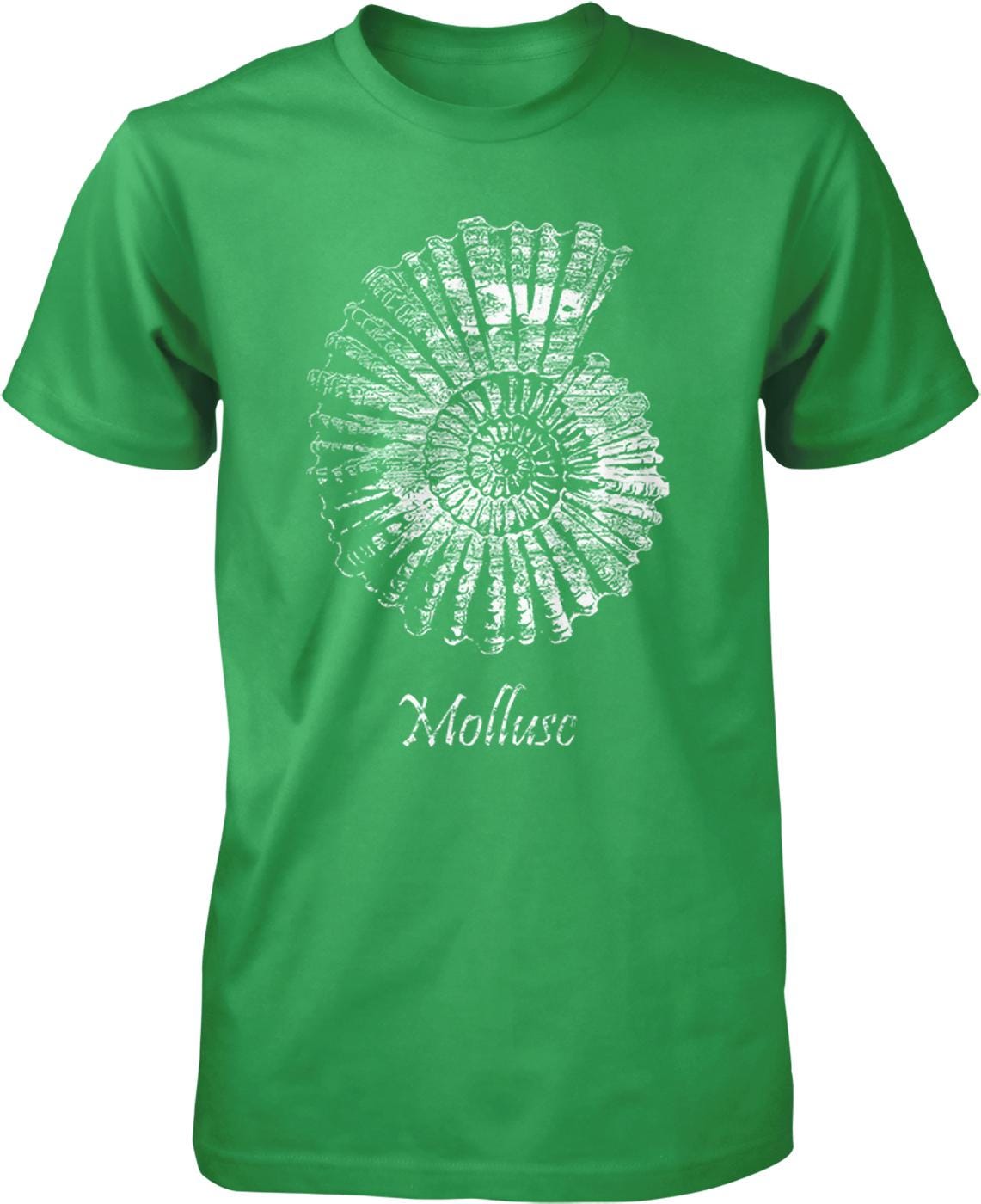 A green t-shirt with a white graphic design depicting a spiral shell or shell-like shape.