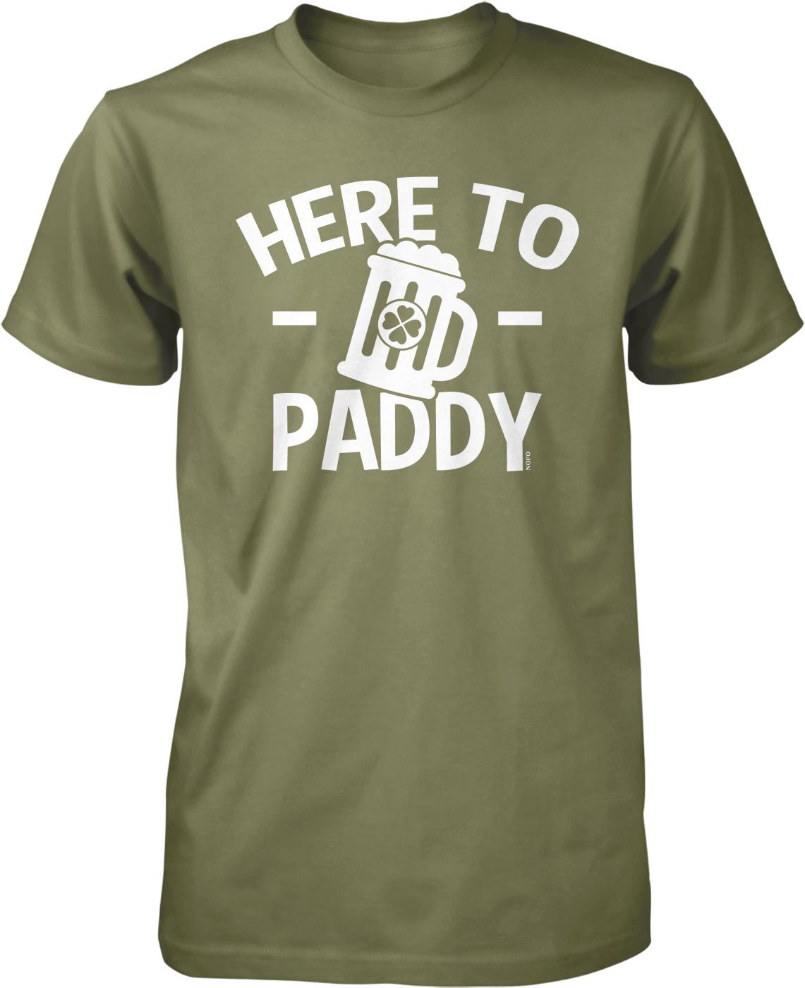 A green t-shirt with the text "HERE TO PADDY" printed on it.