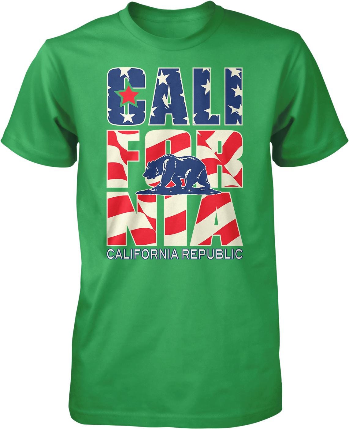 A green t-shirt with the text "CALIFORNIA REPUBLIC" and an image of a bear, along with the American flag design.