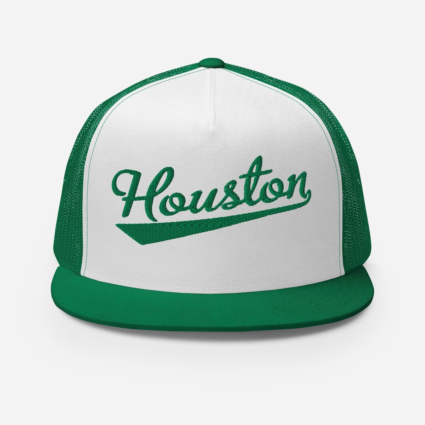 A green and white baseball cap with the word "Houston" printed on it.