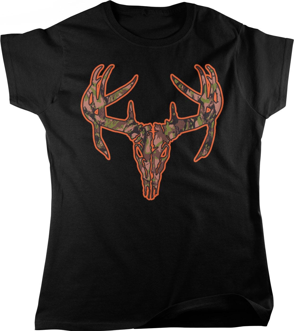 Women's Hunting T-Shirt - Camo Deer Skull Top | Durable Cotton Tee, Full Cut Fit