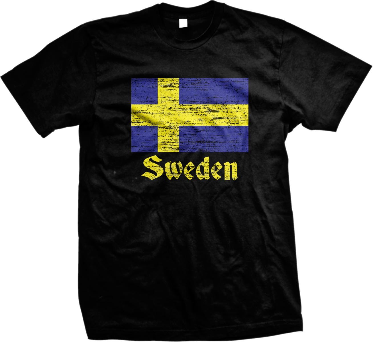 A black t-shirt with a graphic design featuring the flag of Sweden and the word "Sweden" written below it.