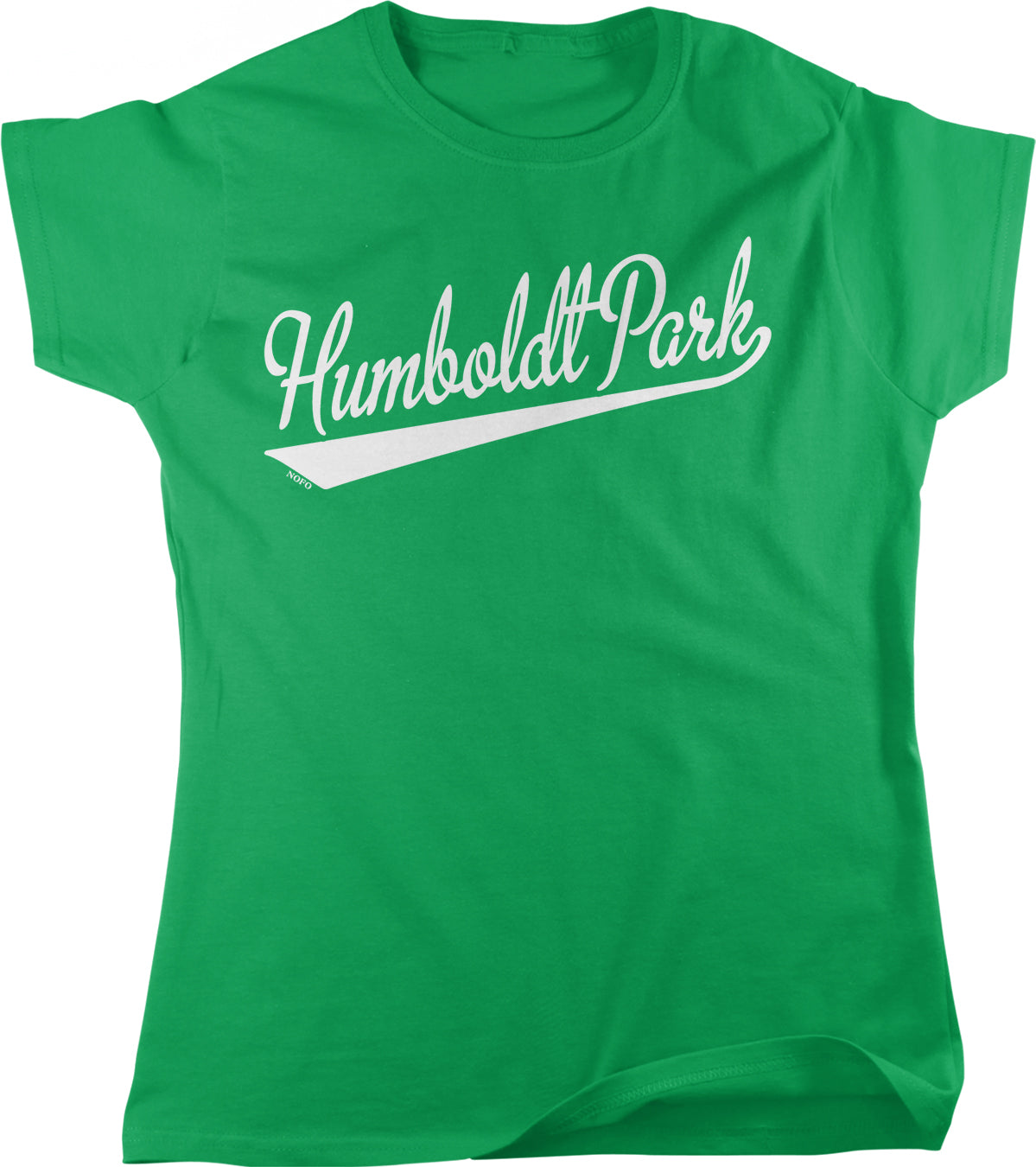 A bright green t-shirt with the text "Humboldt Park" printed on it in white lettering.